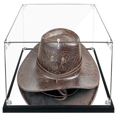 Clear Cowboy Hat Display Case Box Acrylic Panama & Tweed Hat Holder Stand with Mirror & Carbon Fiber Skin Base, Assemble Acrylic Box Shoes Sneakers UV Protection Memorabilia Collectibles Showcase