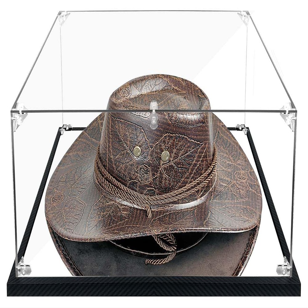 Clear Cowboy Hat Display Case Box Acrylic Panama & Tweed Hat Holder Stand with Mirror & Carbon Fiber Skin Base, Assemble Acrylic Box Shoes Sneakers UV Protection Memorabilia Collectibles Showcase