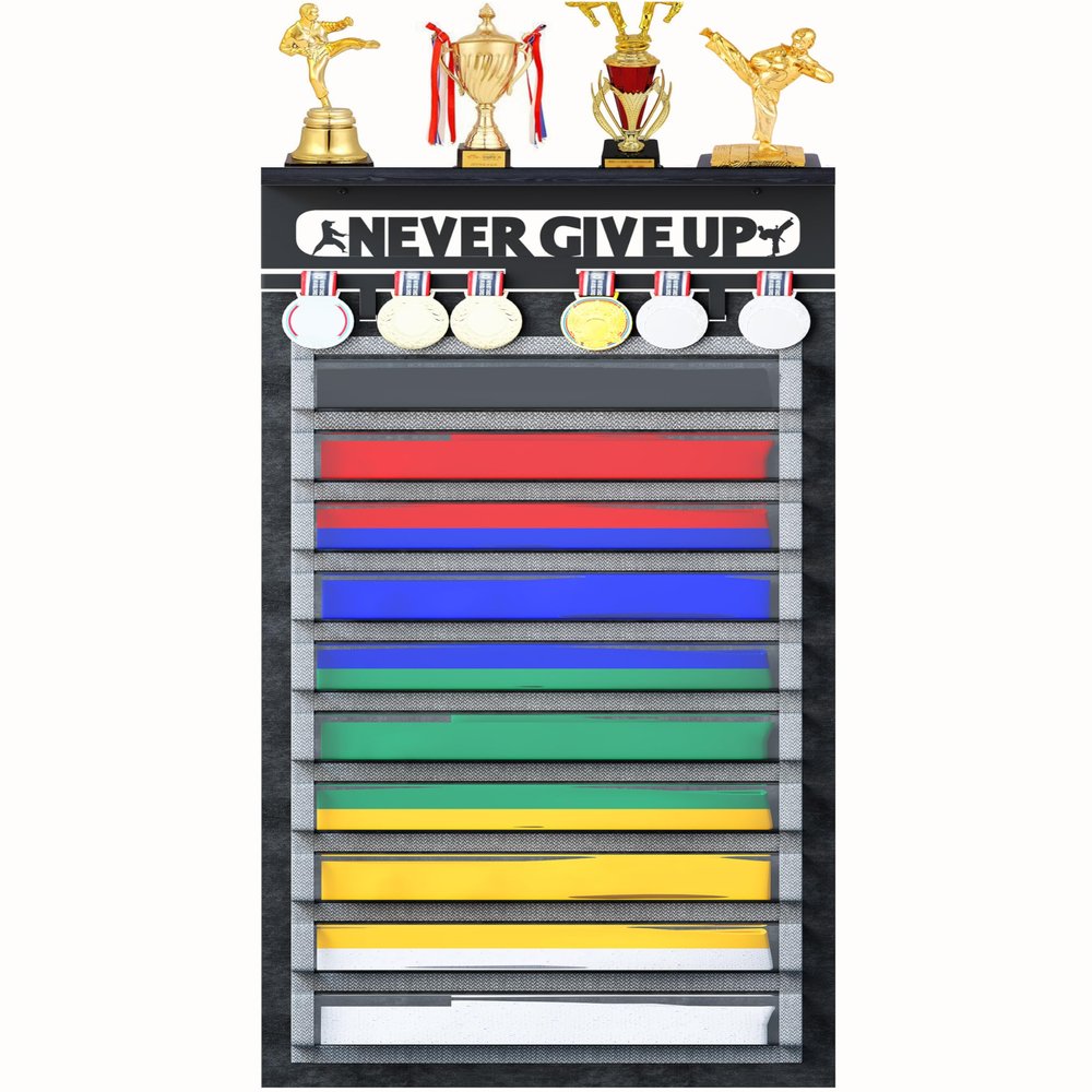 3 in 1 Karate and 10 Belts Taekwondo Belt Display Rack with Medal Hanger, Trophy/Photo Rack, and Felt Dustproof Design. (Never GIVE UP, 10 Belts)