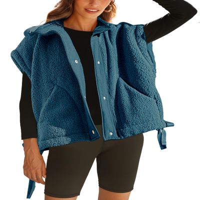 VATEAMI Womens Oversized Fleece Vest Trendy Sleeveless Button Down Fuzzy Sherpa Jacket Winter Warm Outerwear Vest with Pockets (Blue-S)