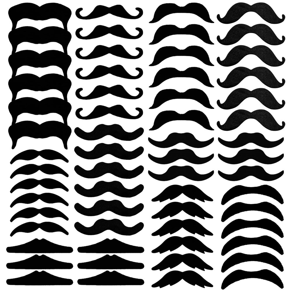 KICNIC 60 Pcs Black Fake Mustaches Self Adhesive (10 Designs) Novelty Hairy Beard Costume Facial Hair for Party Supplies Decorations, Suitable for All Ages