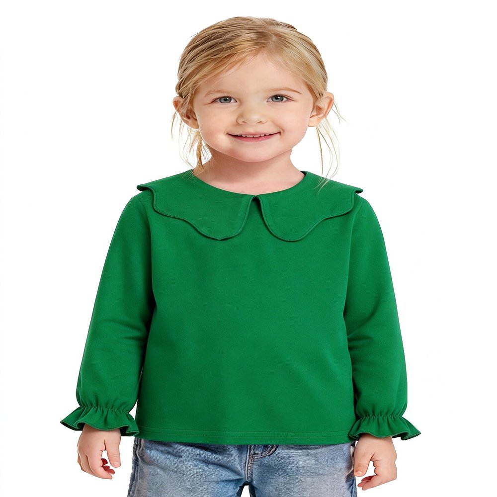 ZFZDRen 12M-12Y Toddler Baby Girls Ruffle Collar Blouse Kids Girl Solid Color T-Shirts Casual Tee Tops (Green Long Tee, 18-24 Months)