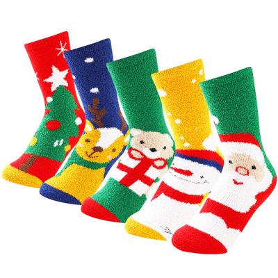 BISOUSOX Fuzzy Christmas Socks for Kids Boys Girls Gift Cute Fun Cozy Fluffy Winter Warm Slipper Xmas Dress Socks
