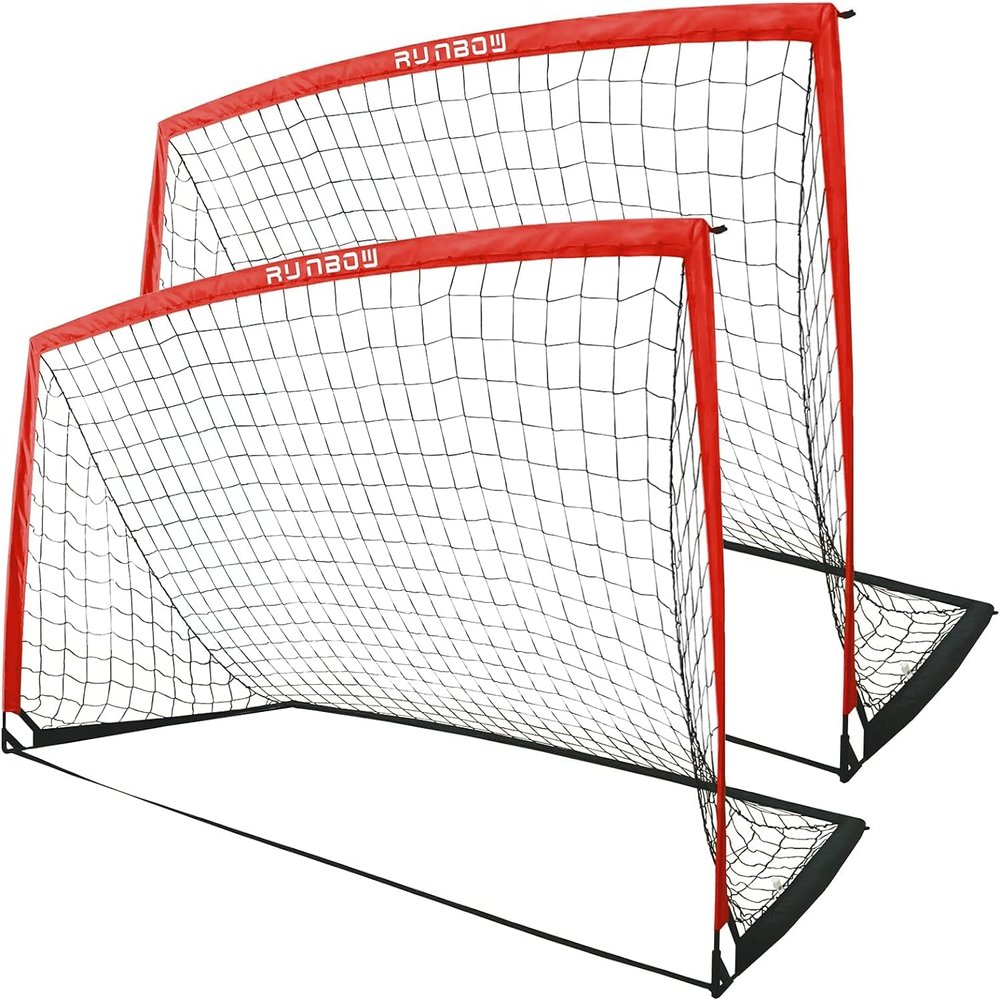 RUNBOW 9x5 ft Portable Kids Soccer Goal for Backyard Adult Junior Large Practice Soccer Net with Carry Bag Set of 2 (9x5ft, Red, 2 Pack)