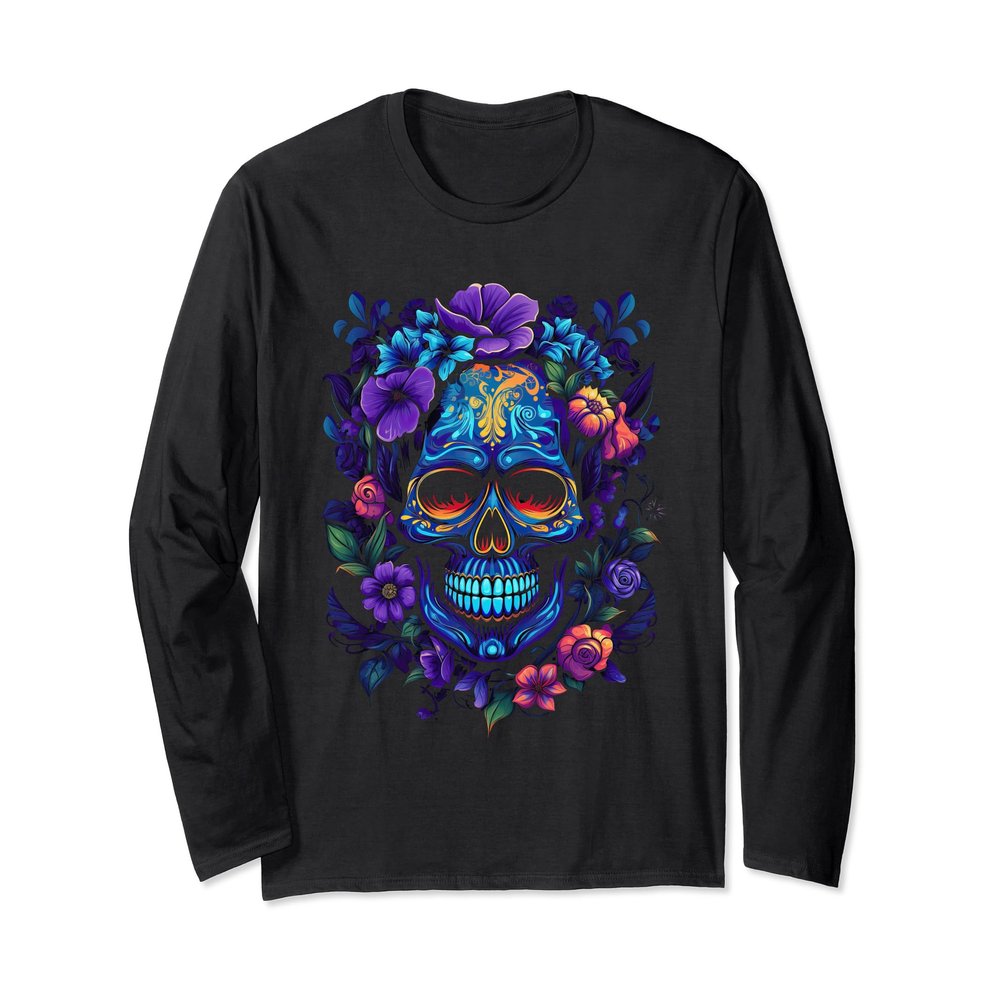 Skull Day of the Dead Floral Mexican Dia De Muertos Women Long Sleeve T-Shirt