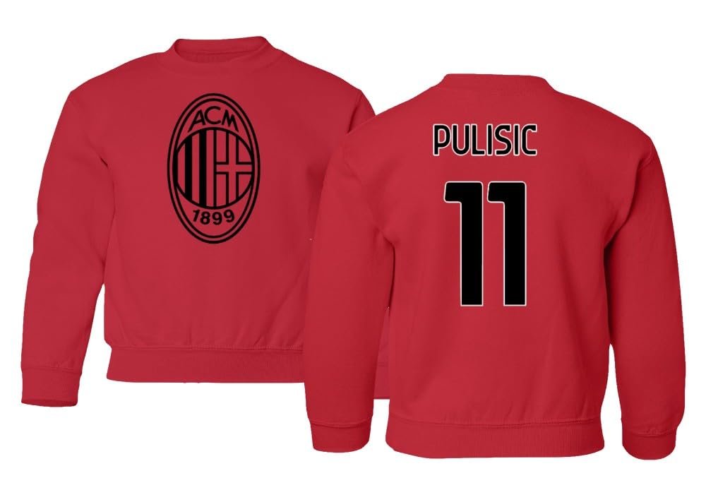 GamesDur Soccer Star Player Jersey Style Milan #11 Pulisic Youth Crewneck Sweatshirt (Red, Youth Small)