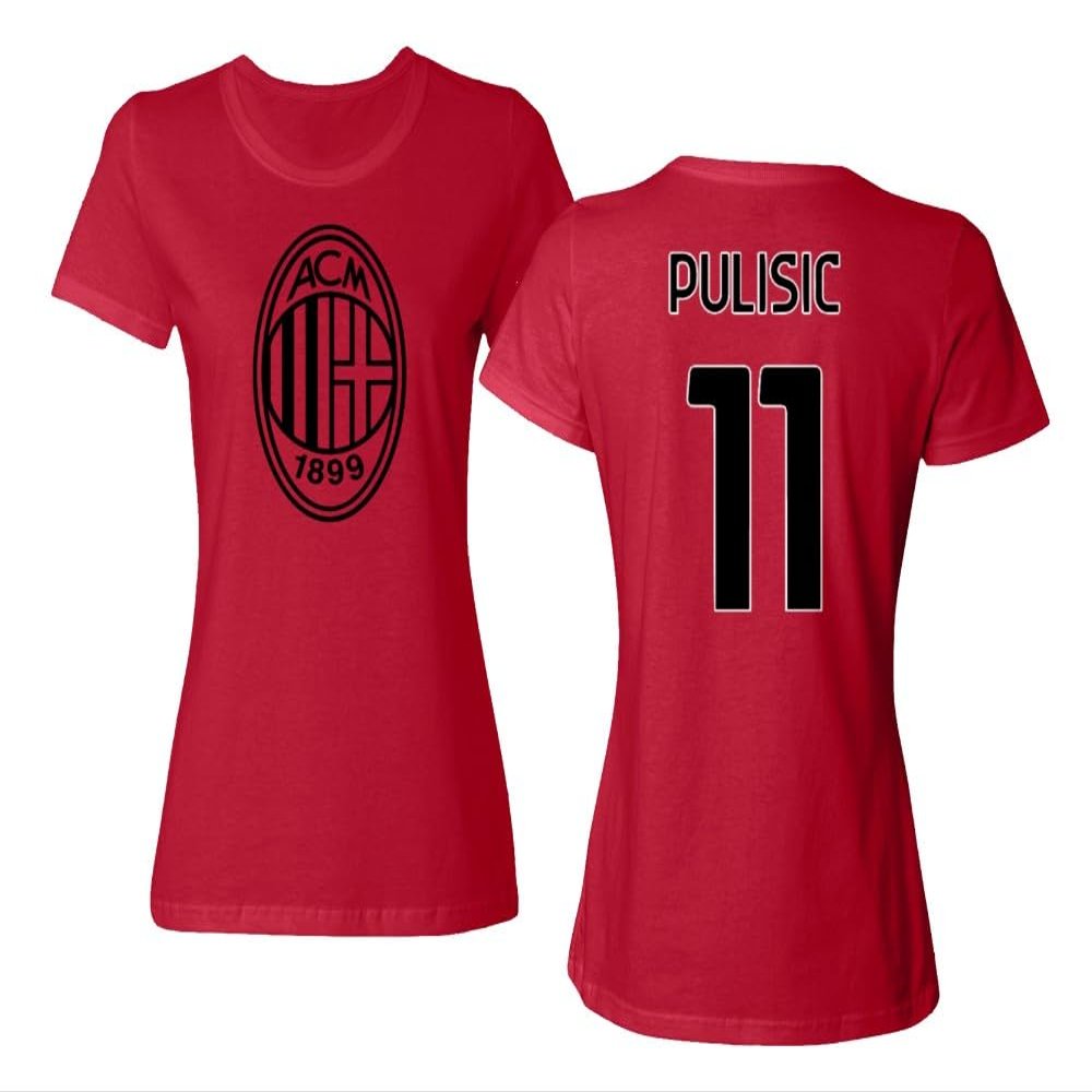 Soccer Star Player Jersey Style Milan #11 Pulisic Ladies' Crewneck T-Shirt (Red, Medium)