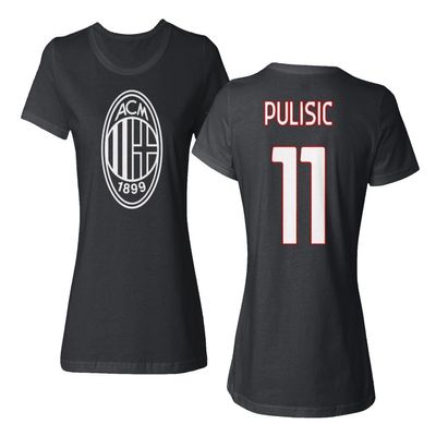 GamesDur Soccer Star Player Jersey Style Milan #11 Pulisic Ladies' Crewneck T-Shirt (Black, X-Large)