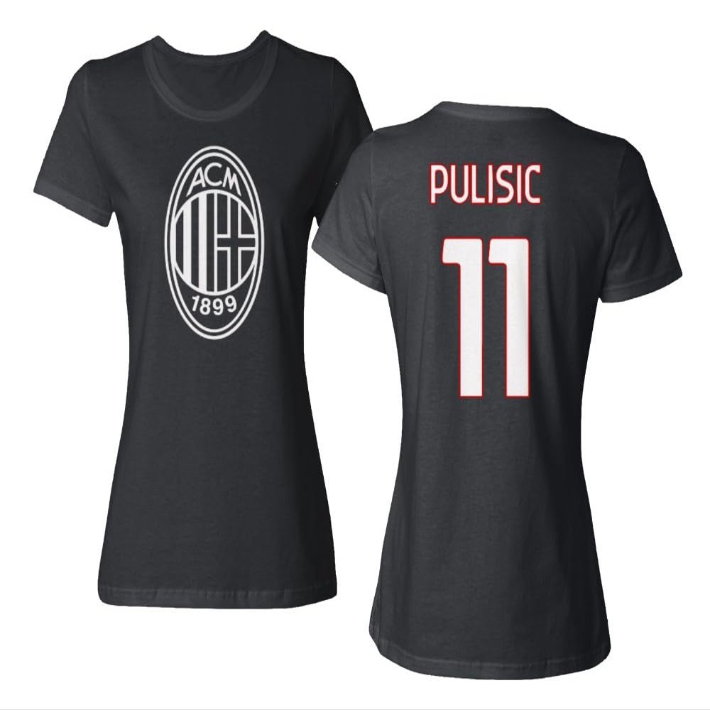 GamesDur Soccer Star Player Jersey Style Milan #11 Pulisic Ladies' Crewneck T-Shirt (Black, X-Large)
