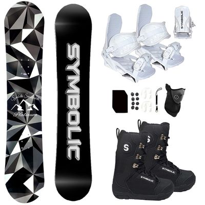 Symbolic Platinum Snowboard , Bindings, and Boots Package Discs, Screws,Leash, Stomp, Mask Men Women Kids Regular-Wide (130cm, Kids 5.5 Boot & White Binding)