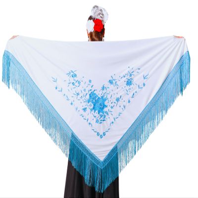 AMINA JAADE Mantn flamenco grande. Medida 75X35cm sin contar los flecos (11.8inch), bordado a una cara. (White body, blue embroidery)