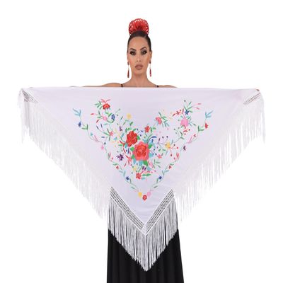 AMINA JAADE Mantn flamenco grande. Medida 75X35cm sin contar los flecos (11.8inch), bordado a una cara. (White body, multicolor embroidery)