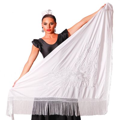 AMINA JAADE Mantn flamenco grande. Medida 75X35cm sin contar los flecos (11.8inch), bordado a una cara. (White body, white embroidery)