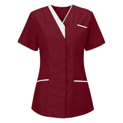 Housekeeping Scrubs for Women Short Sleeve V Neck Nurse Shirt Womens Stretch Medical Uniform Scrub Tops Red