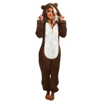 Adult Onesie Pajamas for Women Funny Animal Cute One Piece Sleepwear Womens Sherpa Fleece Hooded Jumpsuits Coffee