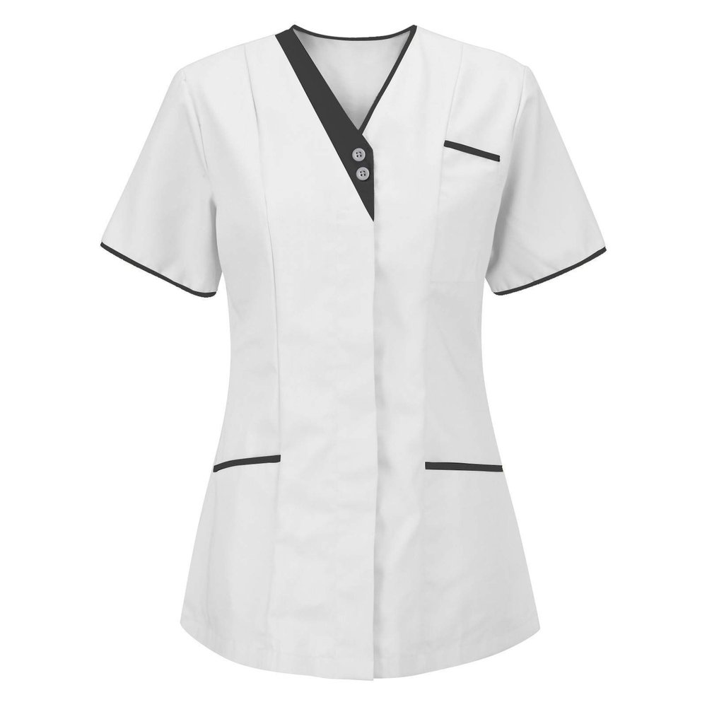 Housekeeping Scrubs for Women Short Sleeve V Neck Nurse Shirt Womens Stretch Medical Uniform Scrub Tops White