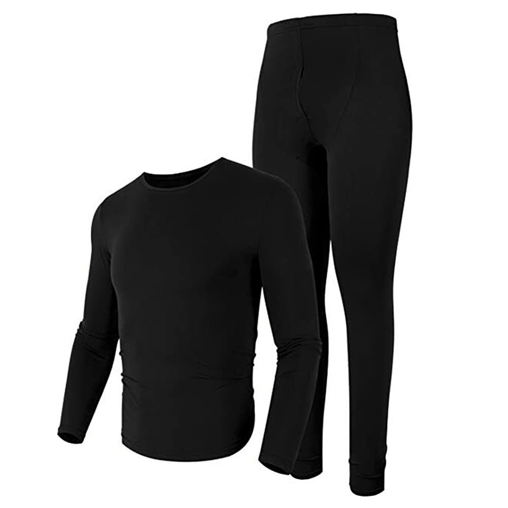 Glory Max Men Thermal Long Johns Underwear Top & Bottom Set Ultra Soft Microfiber Fleece (Black, Medium)