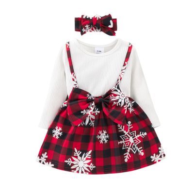Ikevan Baby Girls Contrast Trim Outfits Xmas Toddler Long Sleeve Cartoon Print Plaid Dress Suspender Skirt (White, 3-6 Months)