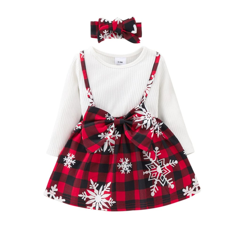 Ikevan Baby Girls Contrast Trim Outfits Xmas Toddler Long Sleeve Cartoon Print Plaid Dress Suspender Skirt (White, 3-6 Months)