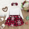 Ikevan Baby Girls Contrast Trim Outfits Xmas Toddler Long Sleeve Cartoon Print Plaid Dress Suspender Skirt (White, 3-6 Months) view 4