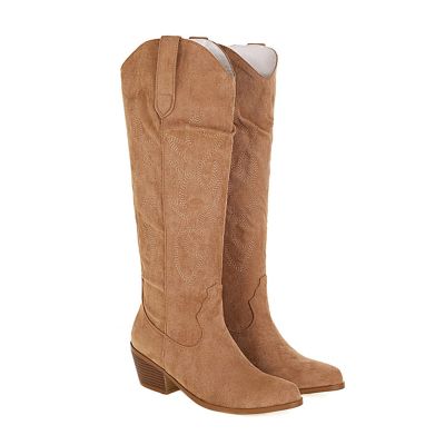 Ladmiple Cowgirl Boots Women Black Comfortable Women's Cowboy Boots Knee High Seam Mid Heel Block Heel Almond Pointed Toe Fashion Classic Cowgirl Boots Slip-On