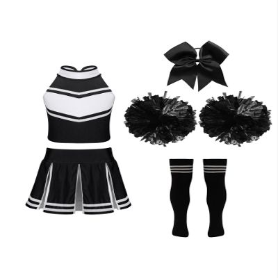 Aislor Kids Girls Cheerleading Cheer Leader Uniform Dance Outfits Crop Top with Pleated Skirt Pom Pom Hair Tie Socks A Black&White 6 Years