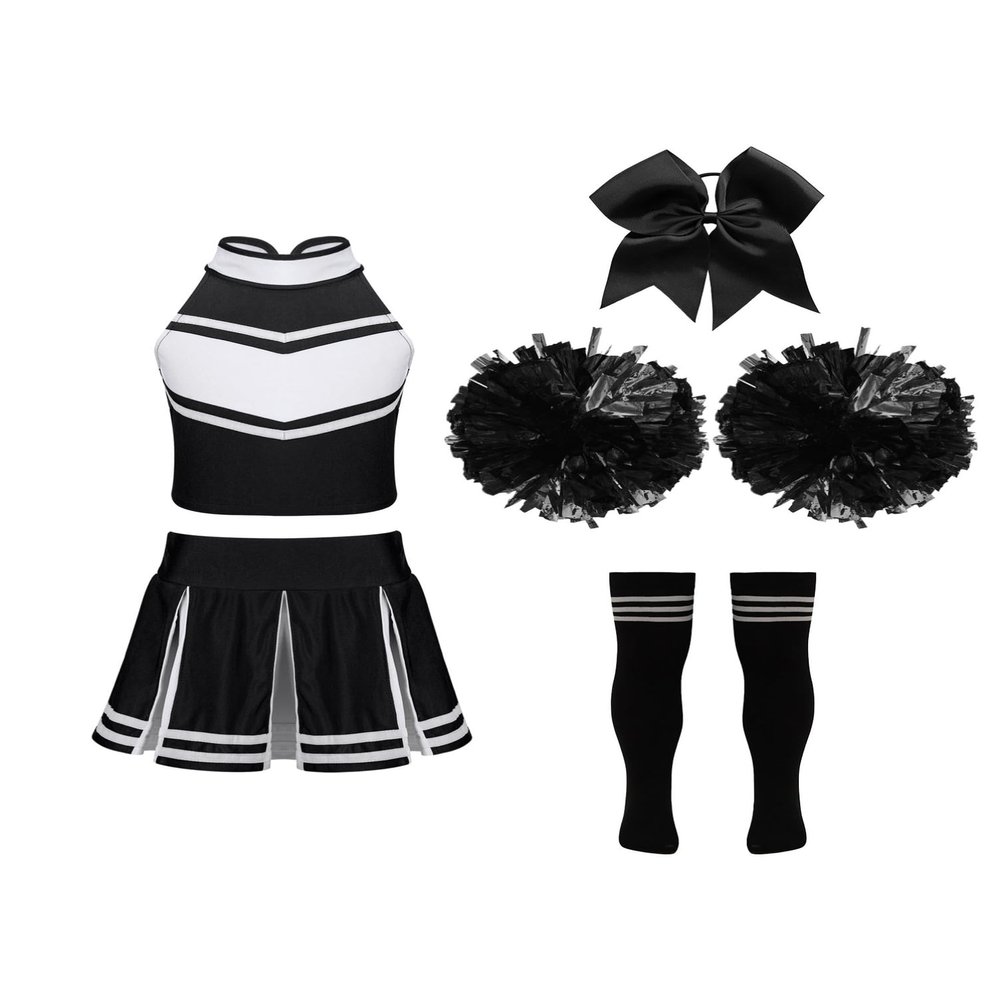 Aislor Kids Girls Cheerleading Cheer Leader Uniform Dance Outfits Crop Top with Pleated Skirt Pom Pom Hair Tie Socks A Black&White 6 Years