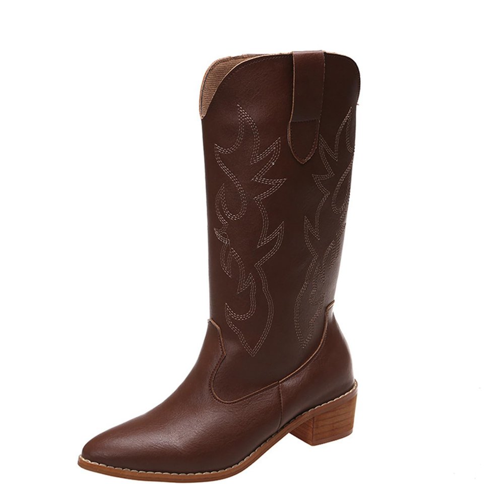 Ladmiple Cowboy Boots For Women White Sparkly Women's Embroidered Western Cowboy Boots Knee High Stitching Almond Medium Heel Chunky Heel Pointed Toe Fashion Retro Classic Boot Pull-On