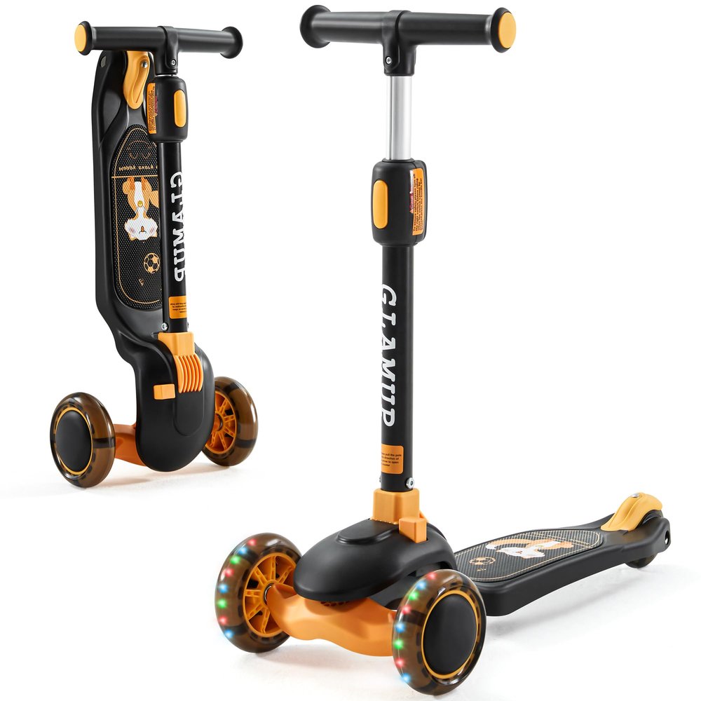 GLAMUP Kids Kick Scooter 3 Wheels, Kids Scooter Height Adjustable Handlebar, Lean-to-Steer System & Easy-Folding Mechanism, Ages 3-14 Boys and Girls1009-YellowBlack