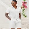COOFANDY Men's Cotton Linen Shorts Casual Button-Down Shirts Summer Beach Shorts Swimsuit Outfits Set Wedding Suit White view 3