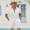 COOFANDY Men's Cotton Linen Shorts Casual Button-Down Shirts Summer Beach Shorts Swimsuit Outfits Set Wedding Suit White view 4