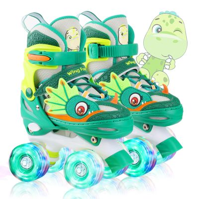 Dino Kids Toddler Roller Skates for Boys Girls,WESKIFAN Dinosaur Quad Skating Shoes with Shiny Light up Wheels&Adjustable Sizes Beginners rollerskates for Birthday Xmas Gifts (Green, S(10~13J))