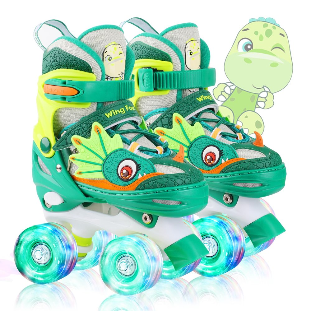 Dino Kids Toddler Roller Skates for Boys Girls,WESKIFAN Dinosaur Quad Skating Shoes with Shiny Light up Wheels&Adjustable Sizes Beginners rollerskates for Birthday Xmas Gifts (Green, S(10~13J))