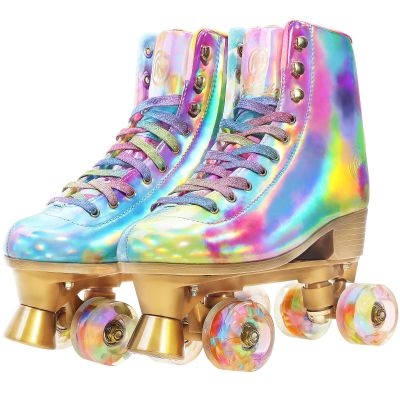 JajaHoho Roller Skates for Women, Holographic High Top PU Leather Rollerskates, Shiny Double-Row Four Wheels Quad Skates for Girls and Age 8-50 Indoor Multicolor (Rainbow, Size 9)