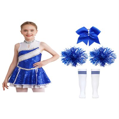 Oyolan Kids Girls Shiny Sequins Cheer Leader Uniform Outfit Sleeveless Zipper Back Cheerleading Dance Dress C5745 Blue 12 Years