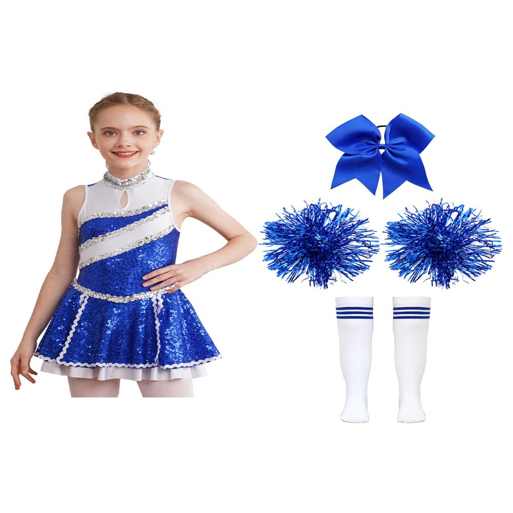Oyolan Kids Girls Shiny Sequins Cheer Leader Uniform Outfit Sleeveless Zipper Back Cheerleading Dance Dress C5745 Blue 12 Years