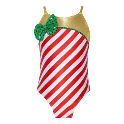 Alvivi Girls Christmas Dance Leotards Candy Cane Costume Shiny Metallic Bow Unitard for Gymnastics Red 4 Years