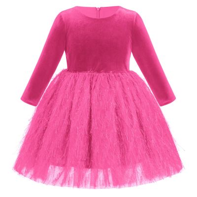 Baby Hot Pink Velvet Dress Long Sleeve Velvet Tulle Dresses Toddler Girls Fall Winter Velvet Ruffle Tutu Dress Christmas Birthday Wedding Velvet Party Princess Dresses Hot Pink-Feather Tulle 4-5 Years