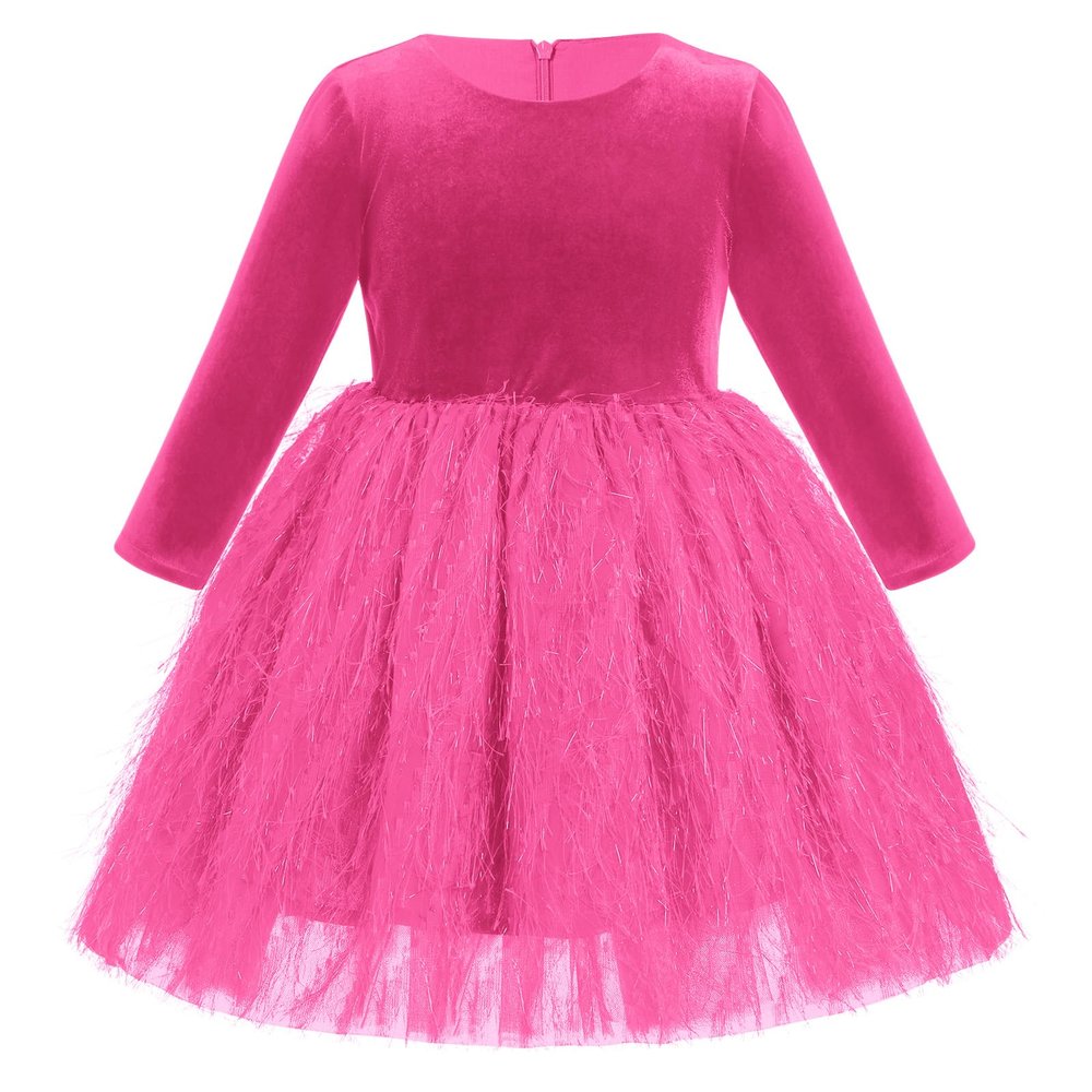 Baby Hot Pink Velvet Dress Long Sleeve Velvet Tulle Dresses Toddler Girls Fall Winter Velvet Ruffle Tutu Dress Christmas Birthday Wedding Velvet Party Princess Dresses Hot Pink-Feather Tulle 4-5 Years