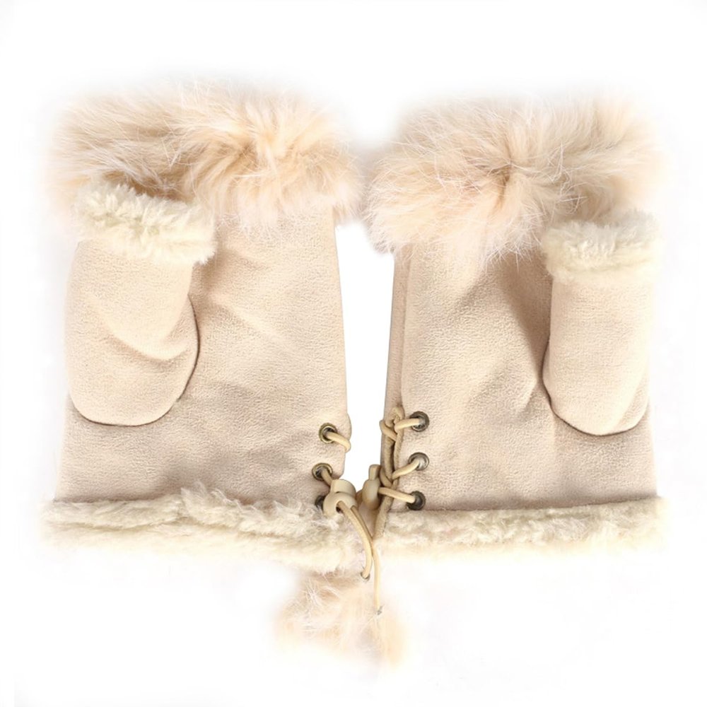 ECYC Ltd Womens Faux Fur Trimmed Fingerless Gloves Winter Warm Half Finger Mittens Wrist Warmers Suede Gloves Touchscreen Gloves for Cold Weather