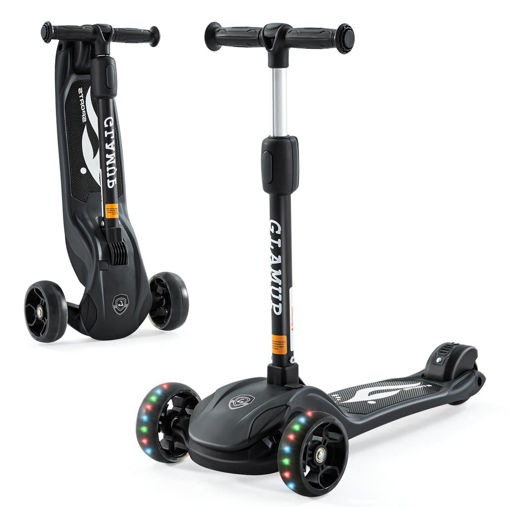 GLAMUP Kids Kick Scooter 3 Wheels, Kids Scooter Height Adjustable Handlebar, Lean-to-Steer System & Easy-Folding Mechanism, Ages 3-14 Boys and Girls1003-Black