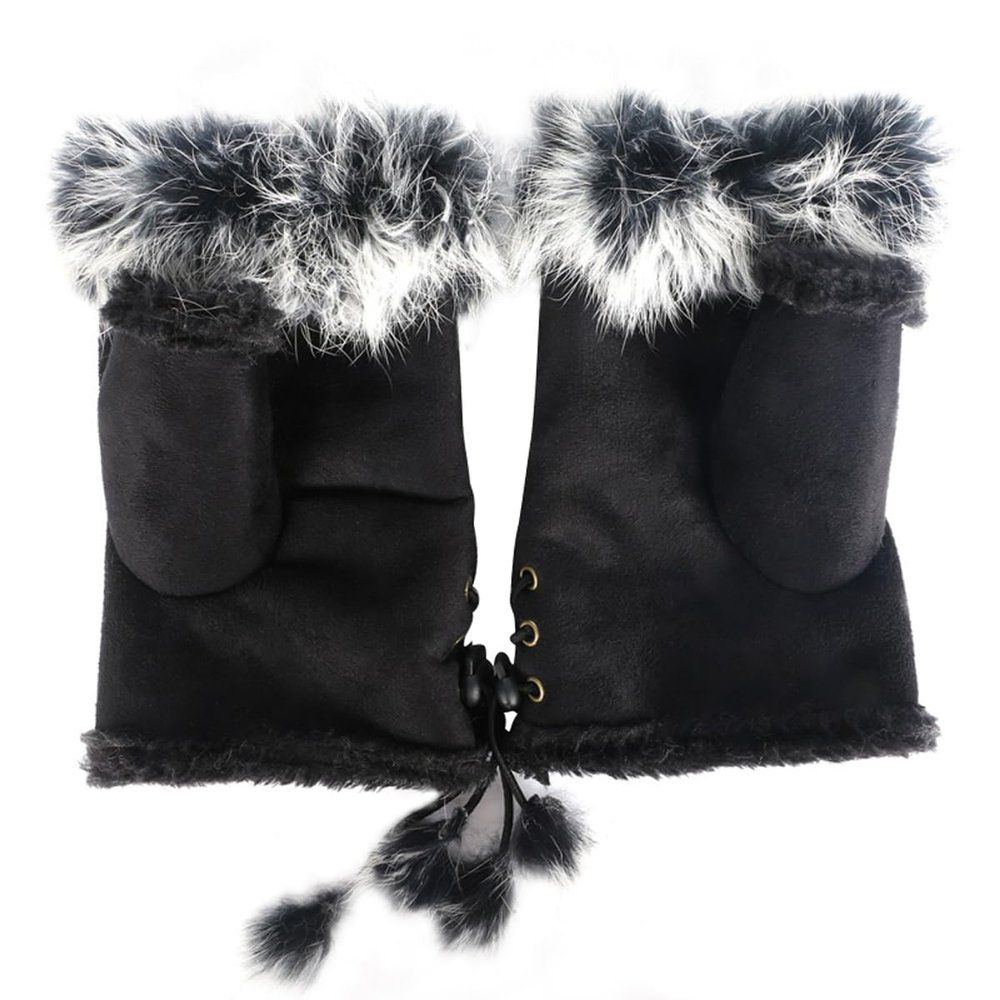 ECYC Ltd Womens Faux Fur Trimmed Fingerless Gloves Winter Warm Half Finger Mittens Wrist Warmers Suede Gloves Touchscreen Gloves for Cold Weather