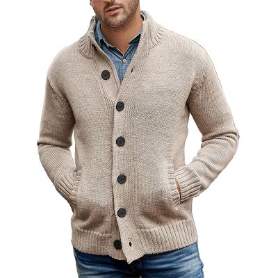 xoxingysm Men's Crewneck Cable Cotton Sweater Casual Knitted Twisted Pullover Solid Sweaters Button Down Knitwear with Pockets(Khaki,X-Large)