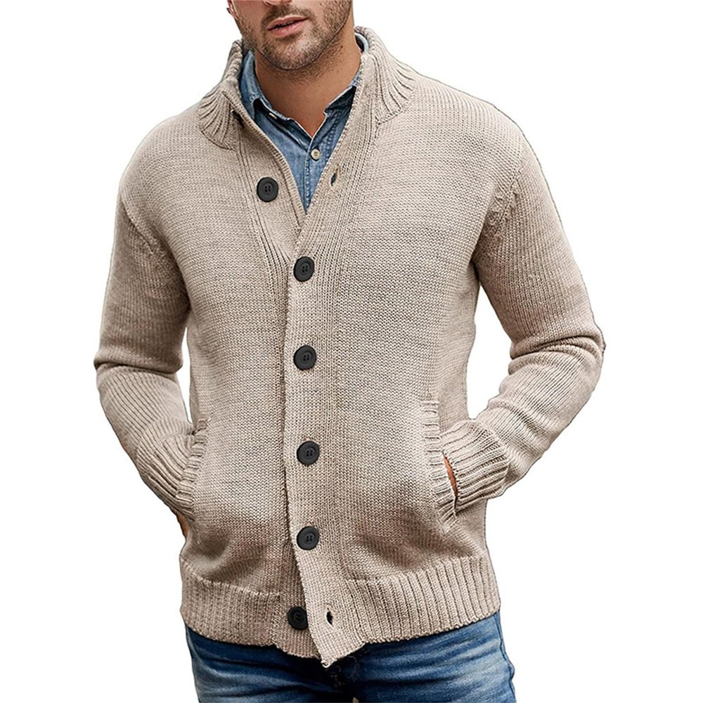 xoxingysm Men's Crewneck Cable Cotton Sweater Casual Knitted Twisted Pullover Solid Sweaters Button Down Knitwear with Pockets(Khaki,X-Large)