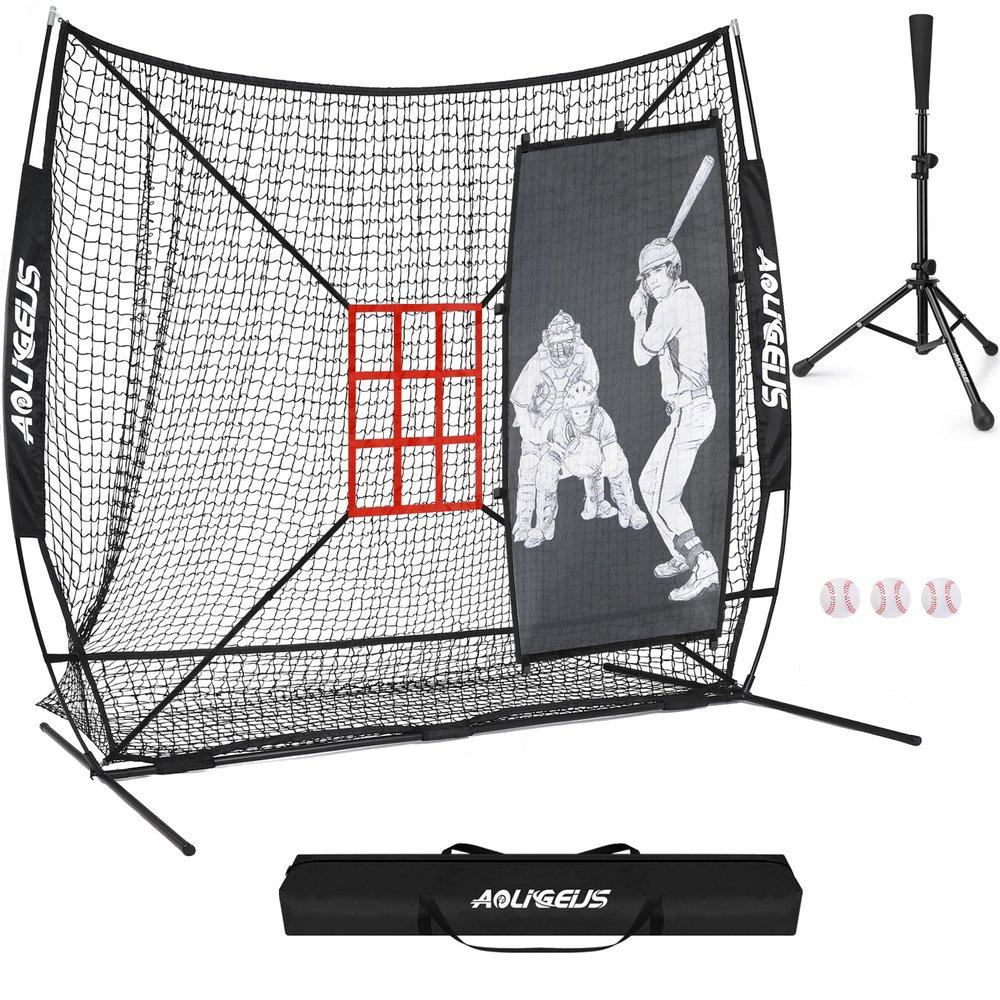 AOLIGEIJS 7'X7' Baseball Softball Practice Net,Pitching Net,Batting Net,with Baseball Tee,Baseball Pitching Kit - Batter Dummy,Bonus Strike Zone and Bow Frame (Black Baseball Net + Tee)
