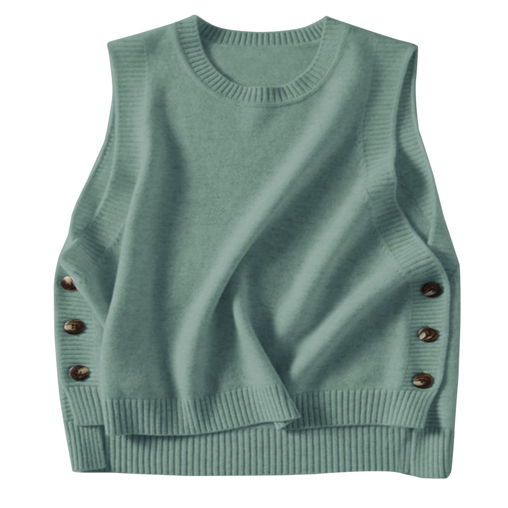 HangNiFang Women's Round Neck Sleeveless Pullover Ribbed Knit Sweater Vest Top (0199-Green-S)