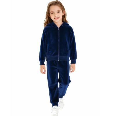 HSTiSan Girls Fleece Hoodies Tracksuits Jogger Sweatpants Active Outing Suit Children Clothing Set Zip-up Sweatshirt Blue 6-7 Years
