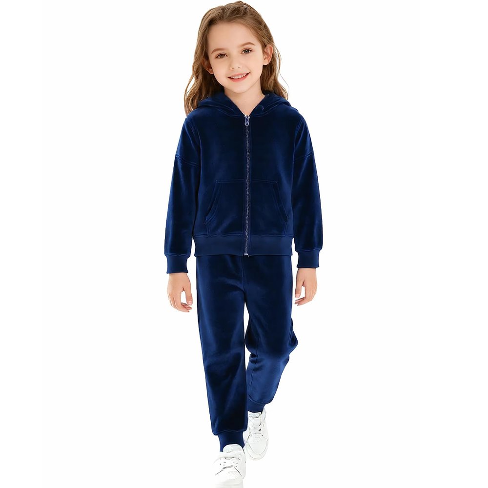 HSTiSan Girls Fleece Hoodies Tracksuits Jogger Sweatpants Active Outing Suit Children Clothing Set Zip-up Sweatshirt Blue 6-7 Years