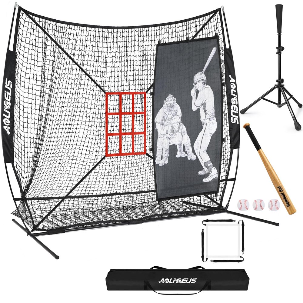 AOLIGEIJS 7'X7' Practice Net - Softball & Baseball Pitching/Batting Net with Baseball Tee, Batter Dummy, Strike Zone, Bow Frame (Black)
