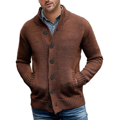 xoxingysm Men's Quarter Zip Up Sweaters Shawl Collar Buttons Down Cable Knit Button Down Knitwear with Pockets(Brown,X-Large)